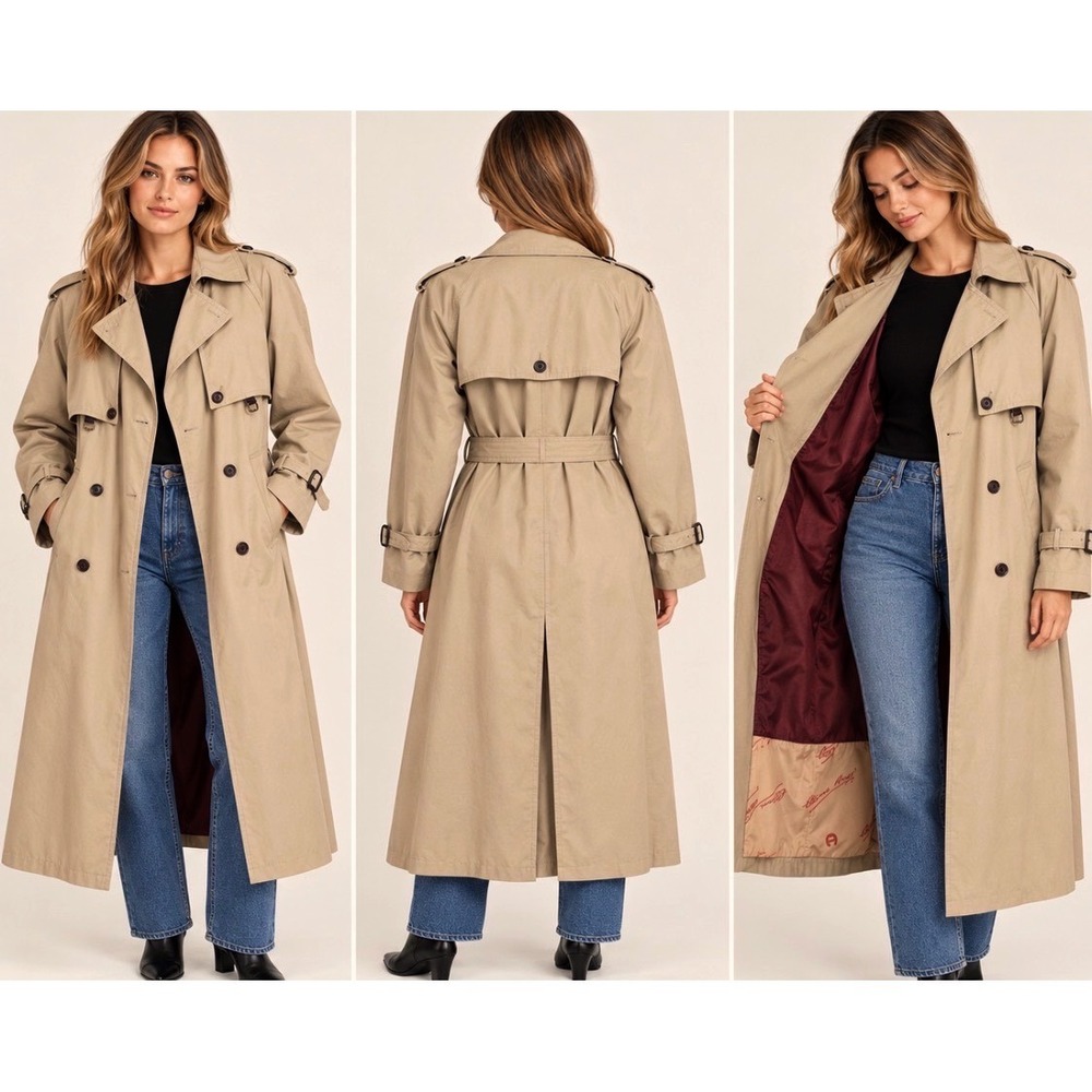 Vintage Etienne Aigner Trench Coat Beige Double Breasted Oxblood Lining 12P